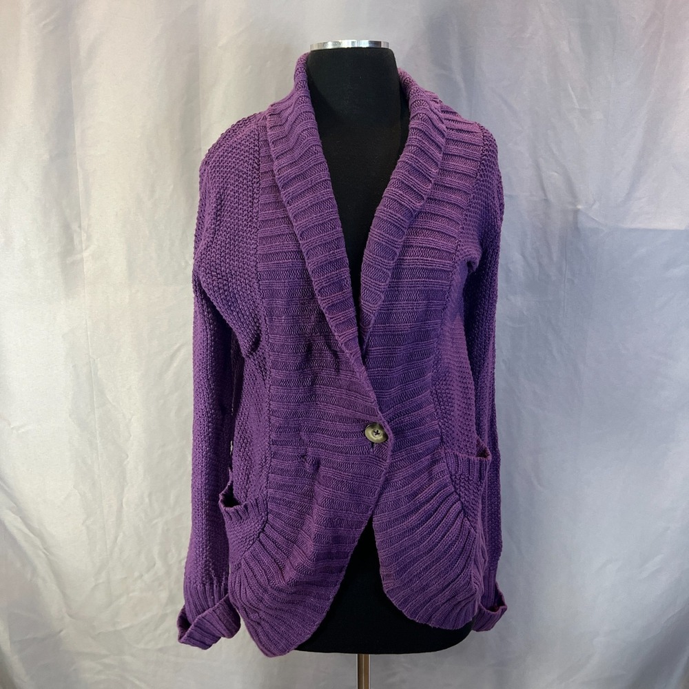 Route 66 Cardigan Sweater Womens Large Purple Cotton Shawl Collar Long Sleeve